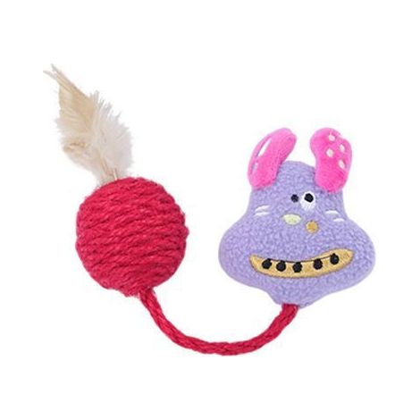 Jouet pour chat en corde, plumes et peluche - Violet - 25 x 6 cm - Balle : 4 cm de diamètre - Peluche douce (1/5)