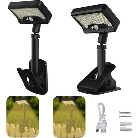 Lámpara solar de exterior con clip, sensor de movimiento, resistente al agua, luz cálida, rotación de 360°, paquete de 2 unidades. (1/4)