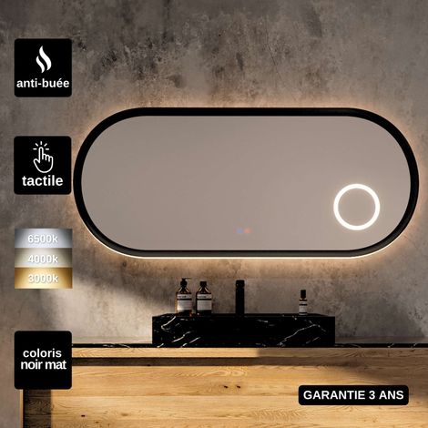 Miroir LED Rétro-éclairé Réglable 120X55cm - Contour Noir - Commandes Tactiles & Anti-Buée - Zone X3 - RIMINI LEDIMEX (1/5)