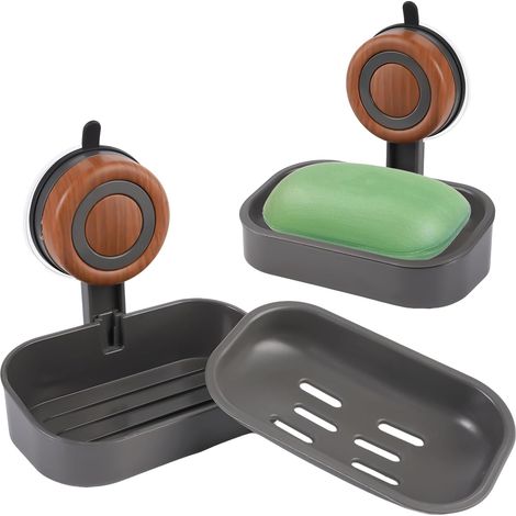2 Pieces Porte Savon Ventouse 14x10x14.5 cm,Savon Douche sans Perçage avec Écoulement, Réutilisable et Amovible, pour Salle de Bain, Cuisine,  (Noir)