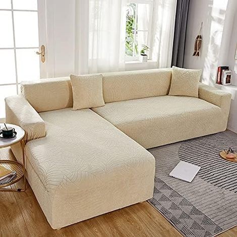 Housse de canapé 3 places - Extensible - 3 places - Universelle - En forme de L - Beige (1/5)