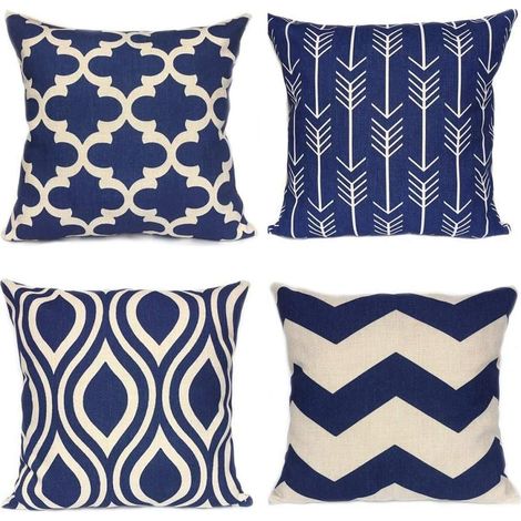 Housses de coussin décoratives géométriques bleu marine pour canapé et fauteuil, en coton et lin, 45 x 45 cm, lot de 4 (1/4)