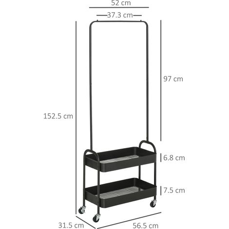 Portant vêtements mobile sur roues, penderie à barre, étagère chaussures, armoire autoportante métal noir, charge 16 kg, idéal chambre ou salon (1/5)