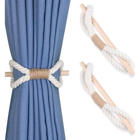 Lot de 2 embrasses de rideaux de style bohème faites à la main avec club en bois Corde en coton beige Embrasses de rideaux pour rideaux Décoration de style rustique (1/4)