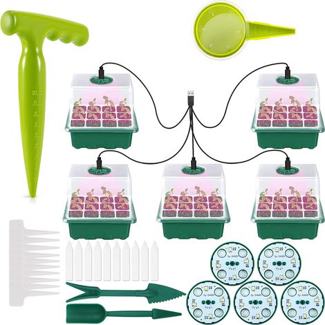 Kit De Culture Intérieure - Bac À Semis Avec Éclairage Led Et Couvercle Ventilé - 5 Pièces - 12 Logements Par Bac - Plastique Transparent Résistant