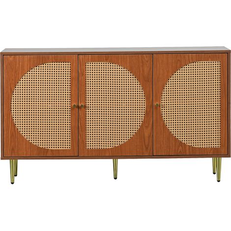 Sideboard mit 3 Türen, Rattan-Details, Walnuss-Finish, Metallgriffen, 129,8 x 40 x 76 cm (1/5)