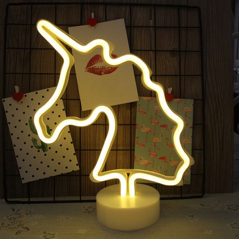 Veilleuse LED licorne néon blanc chaud, lampe de bureau à piles, veilleuse créative à motif dessin animé, modèle double usage USB + piles (1/4)