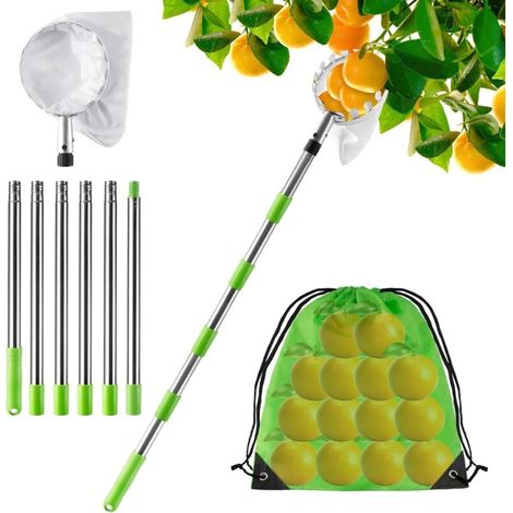 Teleskop Obstpflücker mit Edelstahl-Teleskopstange - Profi Obstpflücker für Gärtner - Verstellbarer Pflückkorb für hohe Bäume，2.4m