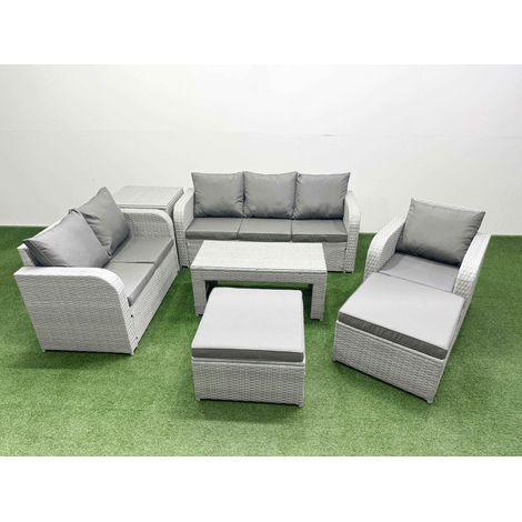 Fimous Patio PE Wicker 8 Seater Outdoor Rattan Furniture Sofa Sets with Oblong Coffee Table Reclining Chair Loveseat Sofa 3 Seater Sofa 2 Big Footstools Side Table Light Grey (1/4)
