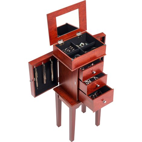 Armoire à bijoux sur pied, miroir plein format, 3 tiroirs, rangement pour bijoux, en bois, organisateur, usage polyvalent (1/5)