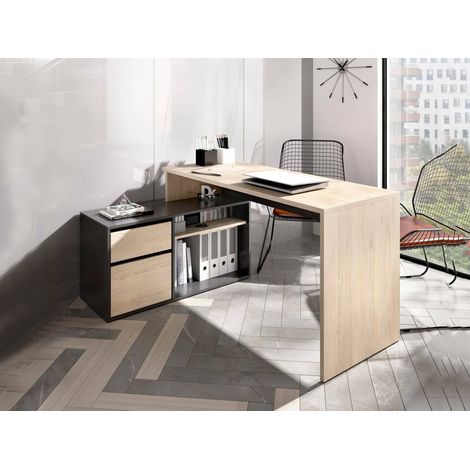 Dmora - Escritorio Gardena, Escritorio multiposición para oficina o dormitorio, Mesa de estudio esquina multiusos, 139x92h75 cm, Roble y Antracita