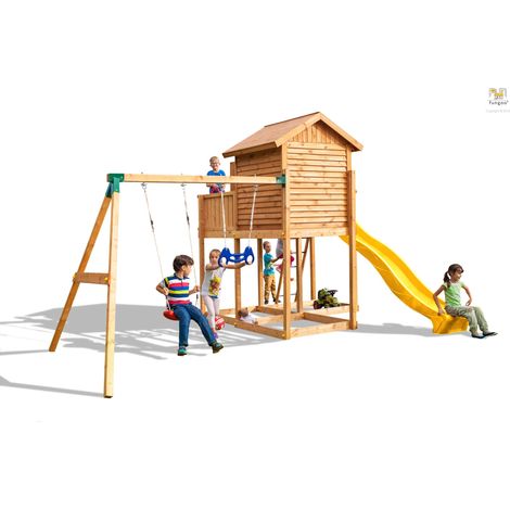 Aire de jeux MYSIDE MOVE+ avec triple plateforme, cabane, échelle, toboggan jaune 2,9 m – Balançoire 1 siège et trapèze – Kit sécurité ancrage – Fungoo (1/5)