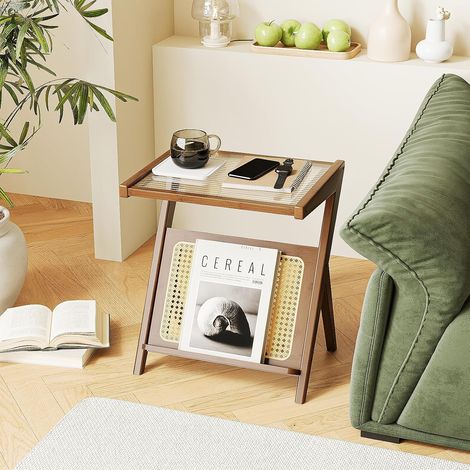 Table d'appoint et de chevet en rotin bohème moderne, petite table basse en bambou avec rangement pour lecteur de disques (1/5)