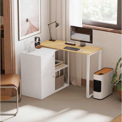 Bureau d’angle L réversible 360°, 2 armoires, 2 étagères, 150 x 40 x 75 cm, blanc (1/5)