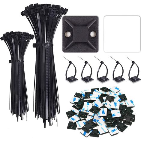 Lot de 200 serre-câbles noirs et 100 supports de base auto-adhésifs solides - Socle adhésif - Supports de câbles - Support de base et serre-câbles - Résistant aux UV - Pour la maison, le bureau (1/5)