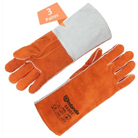Gants de Soudure ANDANDA, Gants de Protection Cuir et Aramide, Résistants à l'Abrasion, aux Déchirures, à l'Usure et à la Chaleur, pour Travaux Manuels et Soudage, Gants Robustes, Lot de 3 Paires (1/4)
