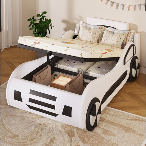 Letto auto 90x200 cm in MDF e PU bianco con rete e contenitore per bambini FloraGrace (1/5)