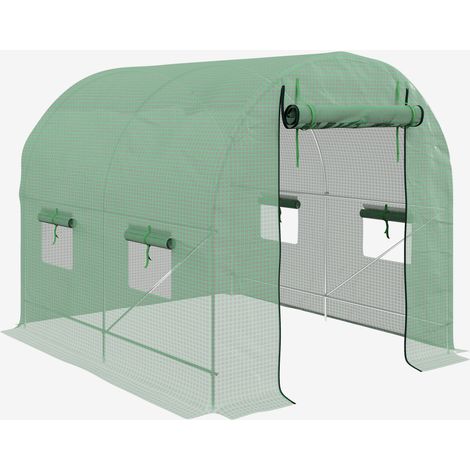 Walk-In Garden Polytunnel Greenhouse with Steel Frame, PE Cover, Roll-Up Door and 4 Windows, 2.5 x 2m, Green