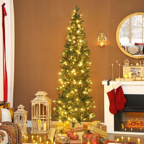 Sapin de Noël artificiel 210 cm. arbre de Noël slim avec 300 lumières 8 modes d'éclairage 826 branches articulées. vert