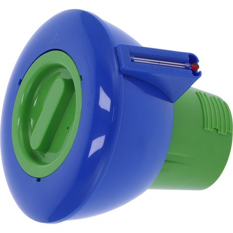 Dispositif de dosage automatique pour piscine avec thermomètre et outil de nettoyage pour distributeur de produits chimiques.