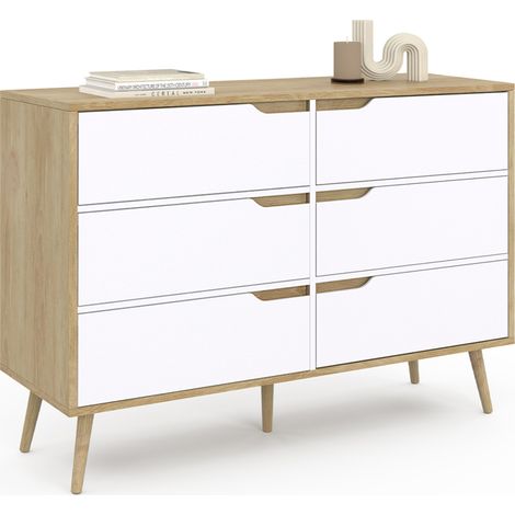 Idmarket – Commode enfant 6 tiroirs 115 cm – Design scandinave en bois hêtre et blanc – Dimensions tiroirs 50 x 33 x 15 cm – Plateau 115 x 40 cm