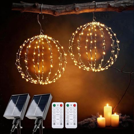 Lot de 2 boules lumineuses solaires d'extérieur avec télécommande - Diamètre : 30 cm - 140 LED - 1200 mAh - Minuterie 4/6/8 h - Intensité variable - 8 modes - Étanche IP44 - Guirlande lumineuse (1/5)