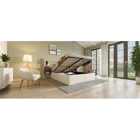 Bett 180x200 mit Stauraum, 2 Nachttischen, Leselampen, USB-C, beige HAVRYA (1/5)