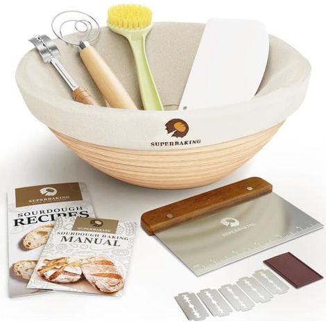 BelleRise - Panier à pain rond de 23 cm pour la fermentation du pain au levain, avec torchon et ustensiles inclus.