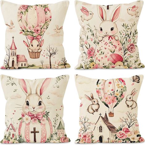 [4 Designs pro Packung] Kissenbezug mit Osterhasenmotiv, Leinenmuster, dekorativer Kissenbezug für das Wohnzimmersofa für die Feiertage (1/3)