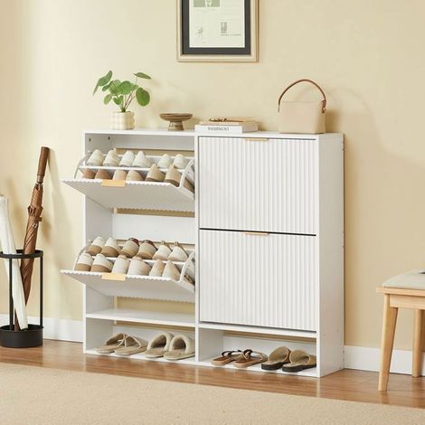Meuble À Chaussures 120x24x110cm Blanc 4 Portes Abattantes - Rangement Chaussures - Design Lattes Étagère Anti-basculement Vestiaire (1/5)