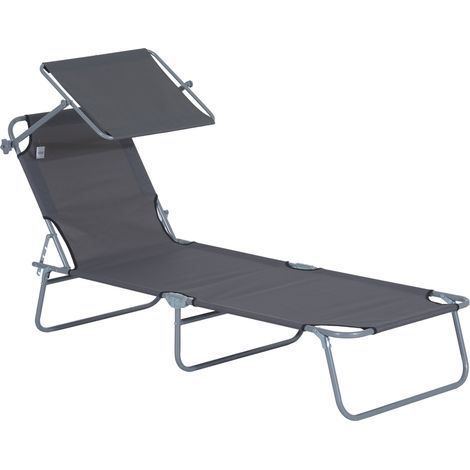 Chaise longue pliante avec pare-soleil en tissu Oxford gris 187 x 58 x 36 cm pour jardin, terrasse, plage (1/5)