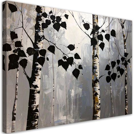 Toile Imprimée, Forêt de bouleaux nature feuilles noires,30x20 (1/4)