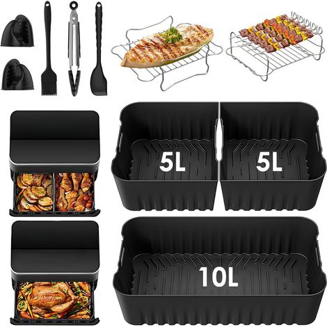 Moule Silicone Air Fryer Accessoires pour Dual Zone 10L Twinfry Airfryer- 1x10L + 2x5L Réutilisable Silicone Plat, Grille Racks, Paniers à Friture, Grille de Grille, Tong Inclus (1/5)
