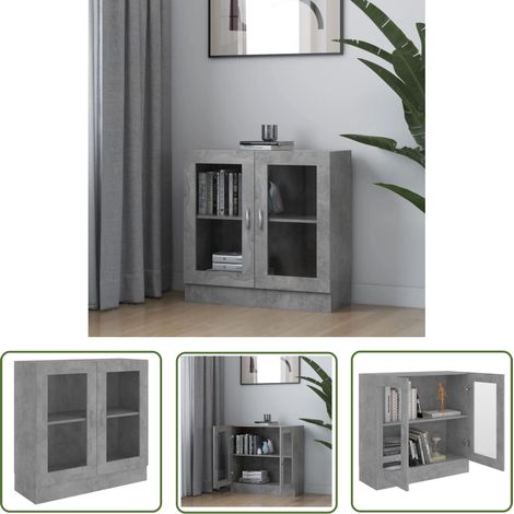 The Living Store Armoire à vitrine Gris béton 82,5x30,5x80 cm Bois d'ingénierie - Bibliothèque - Meuble De Rangement - Armoire Vitrée - Mobilier Intérieur - Meubles Gris (1/5)