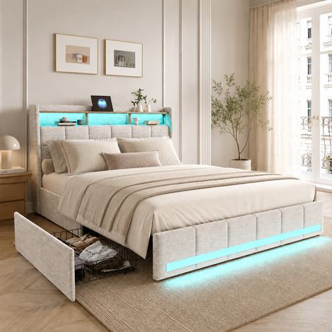 Lit Double 140 x 190 cm avec  sommier à lattes, lit rembourré avec 4 tiroirs de rangement, éclairage LED et Charge USB/Type-C, Tête de Lit avec 3 Compartiment,Beige,Lin