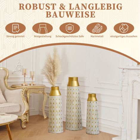 Lot de 3 vases de sol en métal doré, motif géométrique moderne, hauteurs 42/51/60,5 cm, grande décoration pour salon, salle à manger, fleurs séchées et herbe de la pampa (1/5)