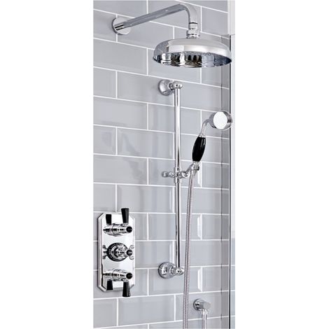 Milano Elizabeth 2 Outlet Triple Thermostatic Mixer Shower Valve with Wall Mounted Round Rainfall Shower Head and Riser Rail Kit - Chrome & Black (1/5)