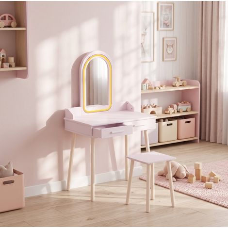 Set de tocador infantil rosa 2 en 1 con taburete, espejo acrílico y luz LED de 3 colores, 2 cajones, mesa de actividades para niñas y niños – CHICFURN (1/5)