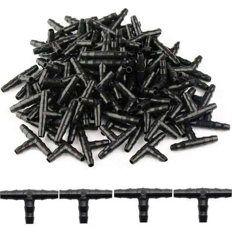 100 pièces Raccord T irrigation 1/4" joint fourchu goutte-à-goutte tuyau PVC - Tête d'arrosage kit système d'arrosage automatique jardin (1/5)