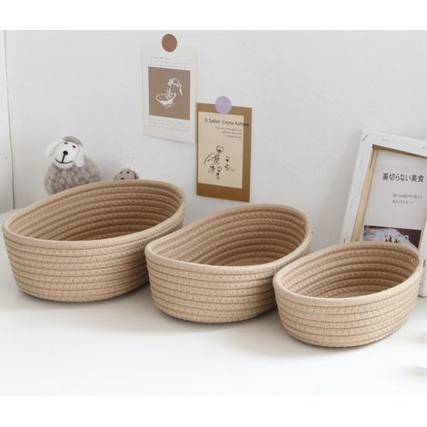 Lot de 3 paniers de rangement ovales de bureau en corde de coton tressée à la main, couleur kaki, pour maquillage et en-cas. (1/5)