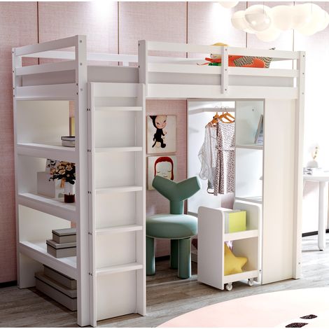 DESVIAE Lit mezzanine enfant 90 x 200 cm avec étagères de rangement penderie simple compartiments chariot organisateur amovible grand espace de rangement bois blanc (1/5)
