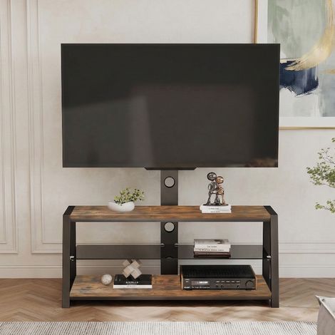 Meuble TV bois marron avec verre trempé noir, fixation murale incluse, support réglable en hauteur, centre divertissement pivotant multidirectionnel, H125xL116xP42cm