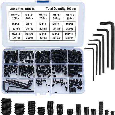 royaluxe-300 Pièces Vis Sans Tête Hexagonale, Kit Assortiment Vis à Six Pans Creux, M2.5/M3/M4/M5/M6/M8 Acier Allié Douille Hex Vis-pointeau avec Clé Allen (1/5)