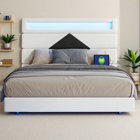 Lit rembourré 140 x 190 cm, cadre de lit double, cadre de lit avec éclairage LED et USB, avec tête de lit, cadre de lit flottant, velours, blanc et noir (livraison locale) (1/5)