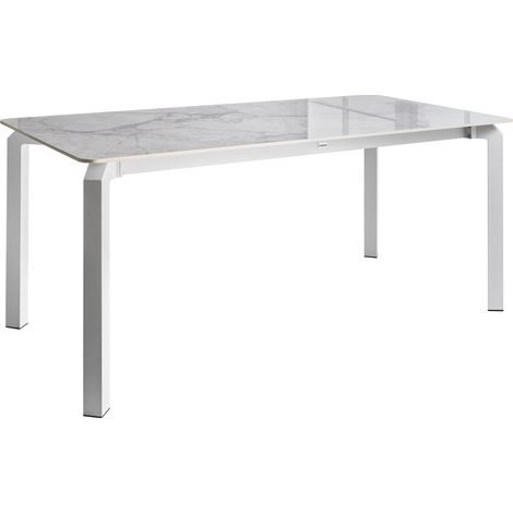 Mesa de comedor de jardín tablero de piedra sinterizada estructura de hierro resistente a los rayos UV al agua y al óxido interior y exterior blanco y mármol blanco Feletto