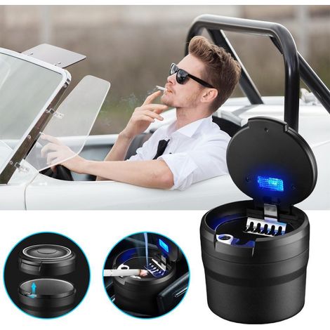 Cendrier de voiture avec couvercle et lumière LED, cendrier portable, mini poubelle de voiture étanche pour les voyages et l'usage domestique. (1/5)
