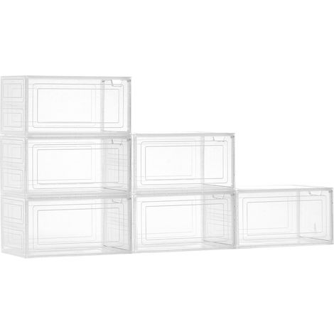 Boîtes à Chaussures Empilables Lot de 6, Rangement Chaussures jusqu’à la Pointure US 13, en Plastique, avec Porte Magnétique, pour Ranger Talons Hauts, Bottes et Chapeaux, Blanc Transparent (1/5)
