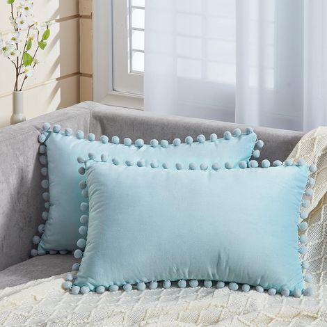 AIDUCHO Rectangle 30x50cm Bleu Canard Housse De Coussin 12x20 Pouces Housses De Coussin Doux Pour Canapé Chaise Salon Pom Pom Housses De Coussin Décoratif, Paquet De 2 (1/5)