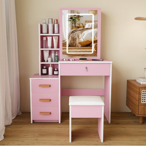 Coiffeuse rose avec miroir éclairé et tabouret rembourré, 4 tiroirs, éclairage LED 3 couleurs réglable, 85 x 36 x 130 cm (1/5)