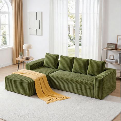 Divano modulare a L con chaise longue destra in velluto a coste verde OKWISH